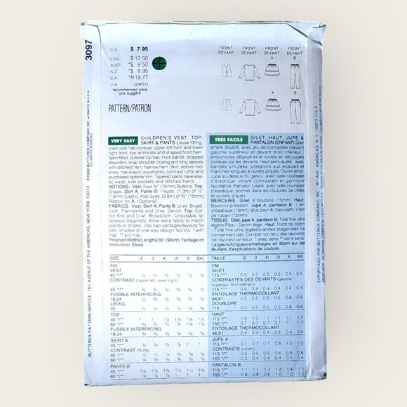 Vintage 1990s Butterick Sewing Pattern 3097 Childs Vest Top Pants Skirt Size 2-4 - Picture 2 of 2